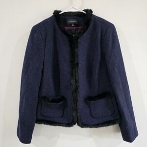 Talbots Womens Faux Fur Trum Jacket 6 Tweed Navy Blue Coat Regency Old Money